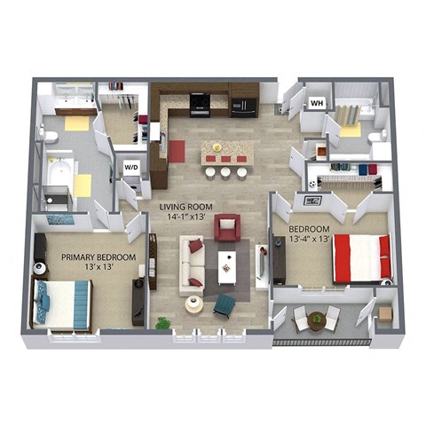 Floor plan for 2 beds, 2 baths, 1173 sqft